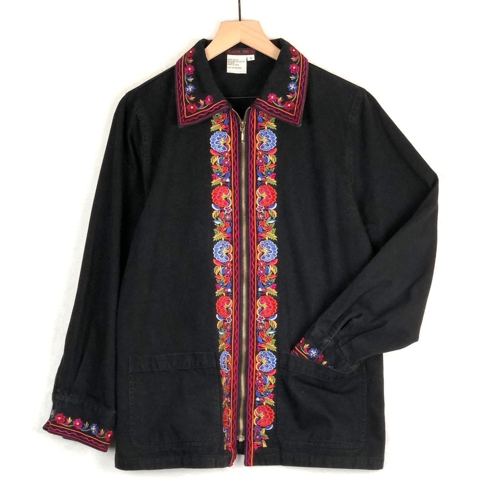 VTG BLAINE TRUMP‎ Embroidered Twill Jacket Women's S Black Boho Pockets Full Zip